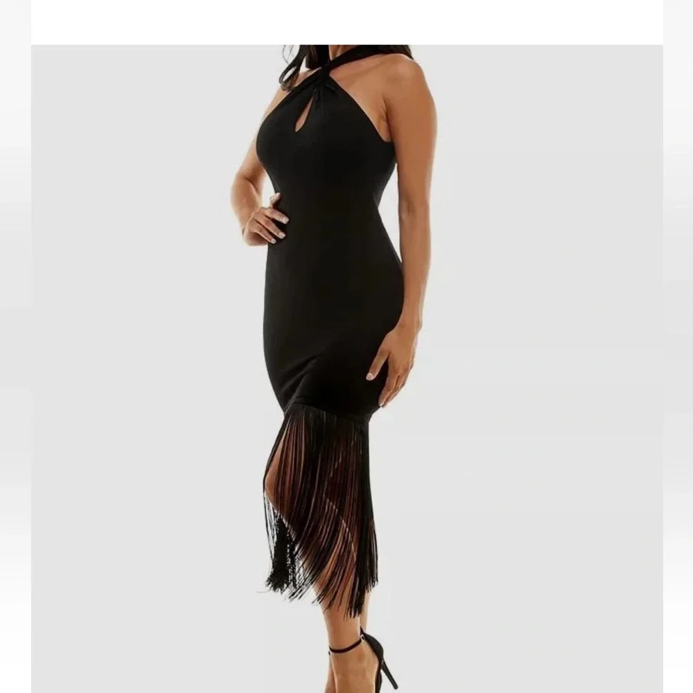 bebe Black Halter Midi Dress with Fringe - Picture 2 of 8